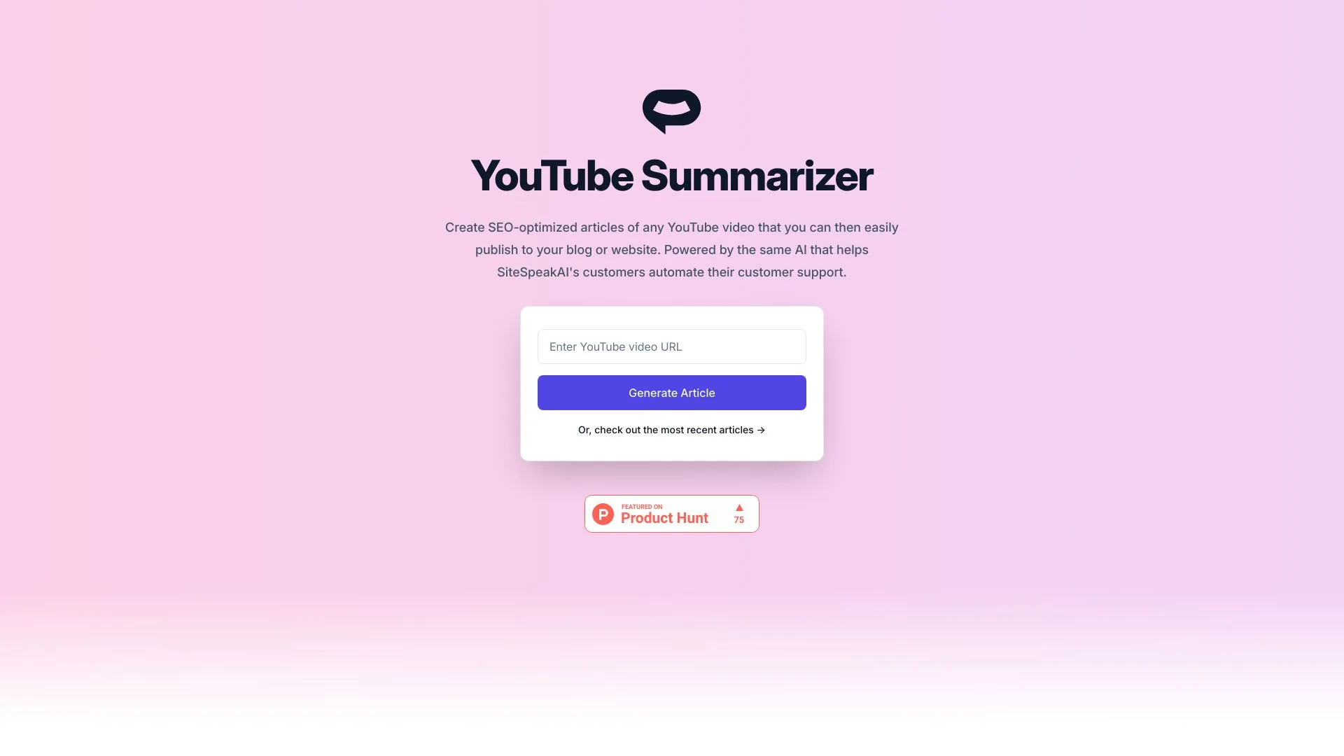 SiteSpeakAI - YouTube Summarizer screenshot