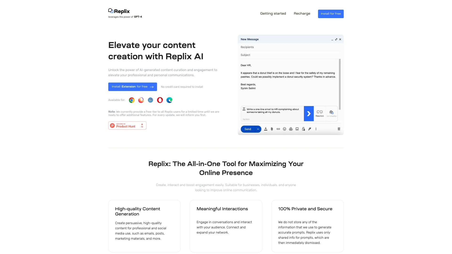 Emails, replies and posts with GPT-4 screenshot