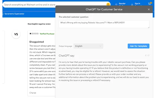 Walmart Customer Service Helper with ChatGPT screenshot