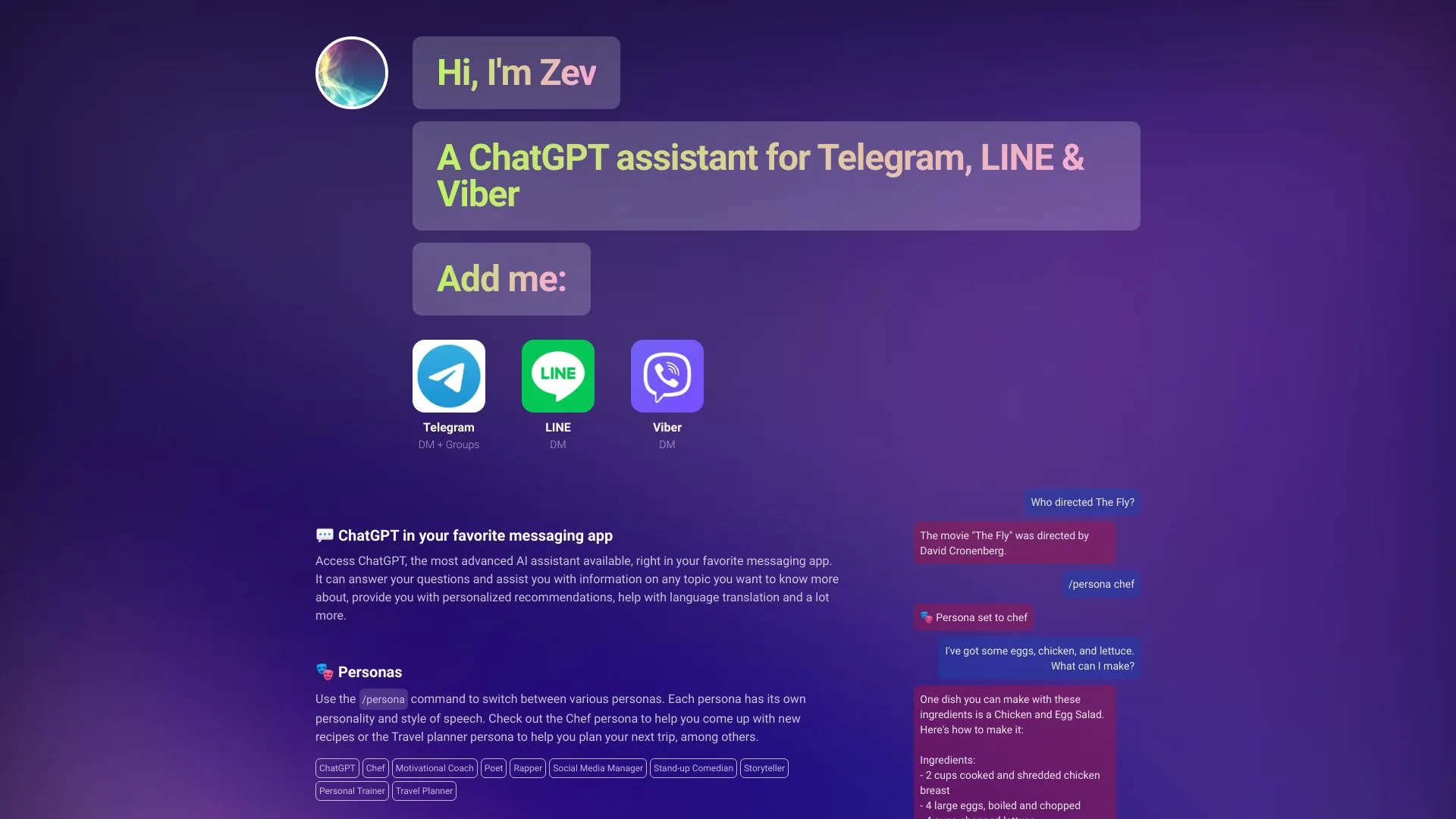 Zev - 适用于 Telegram、LINE 和 Viber 的 ChatGPT 聊天助手 screenshot