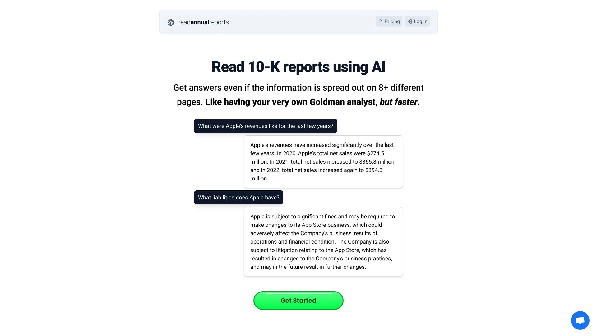 Read 10-K reports using AI screenshot
